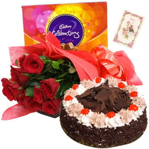 12 Red Roses with Cake, Celebration Chocolate Pack n Greeting Card
